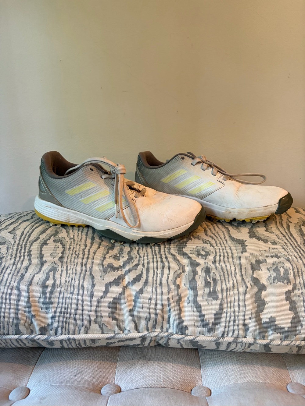 adidas Men’s White and Light Gray Sneakers with Yellow Details